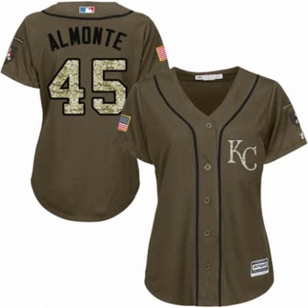 Women's Majestic Kansas City Royals #45 Abraham Almonte Authentic Green Salute to Service MLB Jersey