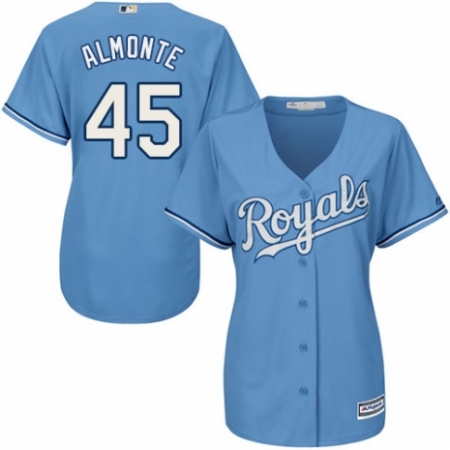 Women's Majestic Kansas City Royals #45 Abraham Almonte Authentic Light Blue Alternate 1 Cool Base MLB Jersey