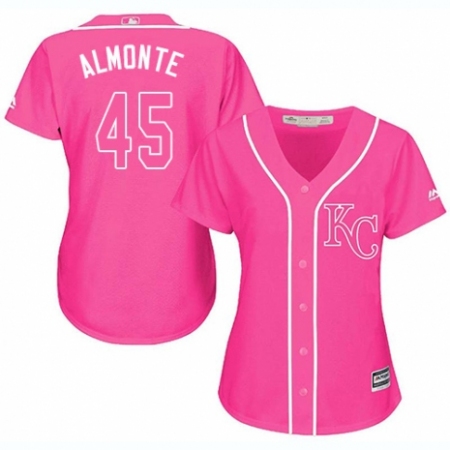Women's Majestic Kansas City Royals #45 Abraham Almonte Authentic Pink Fashion Cool Base MLB Jersey