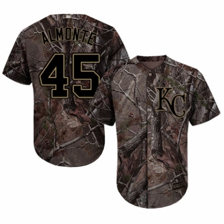 Youth Majestic Kansas City Royals #45 Abraham Almonte Authentic Camo Realtree Collection Flex Base MLB Jersey