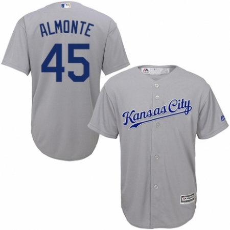 Youth Majestic Kansas City Royals #45 Abraham Almonte Replica Grey Road Cool Base MLB Jersey