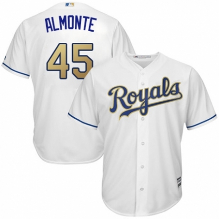 Youth Majestic Kansas City Royals #45 Abraham Almonte Replica White Home Cool Base MLB Jersey