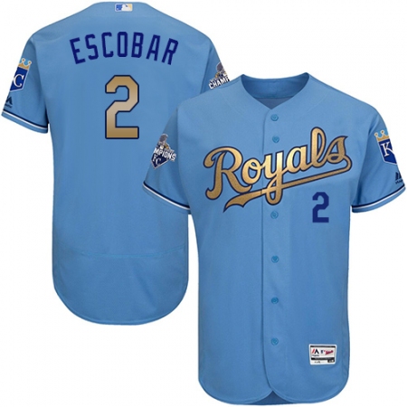 Men's Majestic Kansas City Royals #2 Alcides Escobar Authentic Light Blue 2015 World Series Champions Gold Program FlexBase MLB Jersey