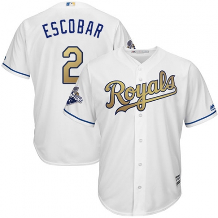 Youth Majestic Kansas City Royals #2 Alcides Escobar Authentic White 2015 World Series Champions Gold Program Cool Base MLB Jersey