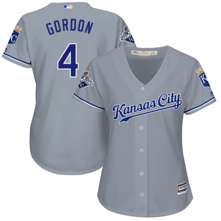 Women's Majestic Kansas City Royals #4 Alex Gordon Authentic Grey Road Cool Base MLB Jersey