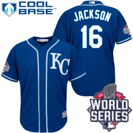 Men's Majestic Kansas City Royals #16 Bo Jackson Authentic Blue Alternate 2 Cool Base 2015 World Series Patch MLB Jersey