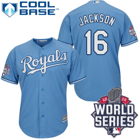 Men's Majestic Kansas City Royals #16 Bo Jackson Authentic Light Blue Alternate 1 Cool Base 2015 World Series Patch MLB Jersey