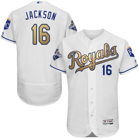 Men's Majestic Kansas City Royals #16 Bo Jackson Authentic White 2015 World Series Champions Gold Program FlexBase MLB Jersey