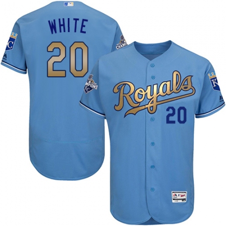 Men's Majestic Kansas City Royals #20 Frank White Authentic Light Blue 2015 World Series Champions Gold Program FlexBase MLB Jersey