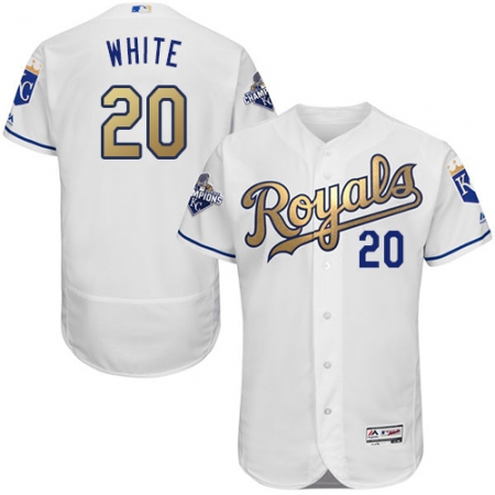 Men's Majestic Kansas City Royals #20 Frank White Authentic White 2015 World Series Champions Gold Program FlexBase MLB Jersey