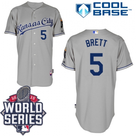 Men's Majestic Kansas City Royals #5 George Brett Authentic Grey Road Cool Base 2015 World Series