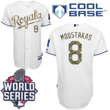 Men's Majestic Kansas City Royals #8 Mike Moustakas Authentic White USMC Cool Base 2015 World Series