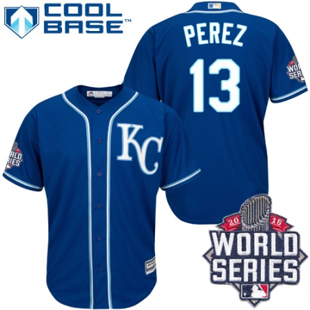 Men's Majestic Kansas City Royals #13 Salvador Perez Replica Blue Alternate 2 Cool Base 2015 World Series
