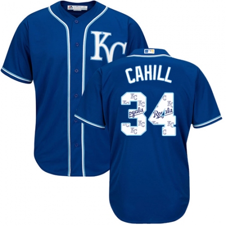 Men's Majestic Kansas City Royals #34 Trevor Cahill Blue Authentic Blue Team Logo Fashion Cool Base MLB Jersey