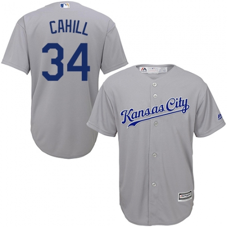 Men's Majestic Kansas City Royals #34 Trevor Cahill Replica Grey Road Cool Base MLB Jersey
