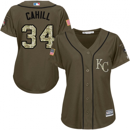 Women's Majestic Kansas City Royals #34 Trevor Cahill Authentic Green Salute to Service MLB Jersey