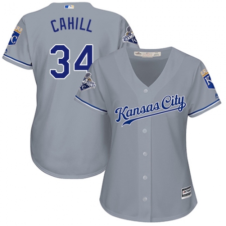 Women's Majestic Kansas City Royals #34 Trevor Cahill Authentic Grey Road Cool Base MLB Jersey